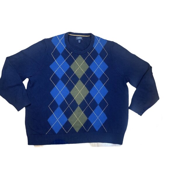 Land’s End Men’s Navy Blue Argyle Crewneck Cotton Sweater XXL - Picture 2 of 4
